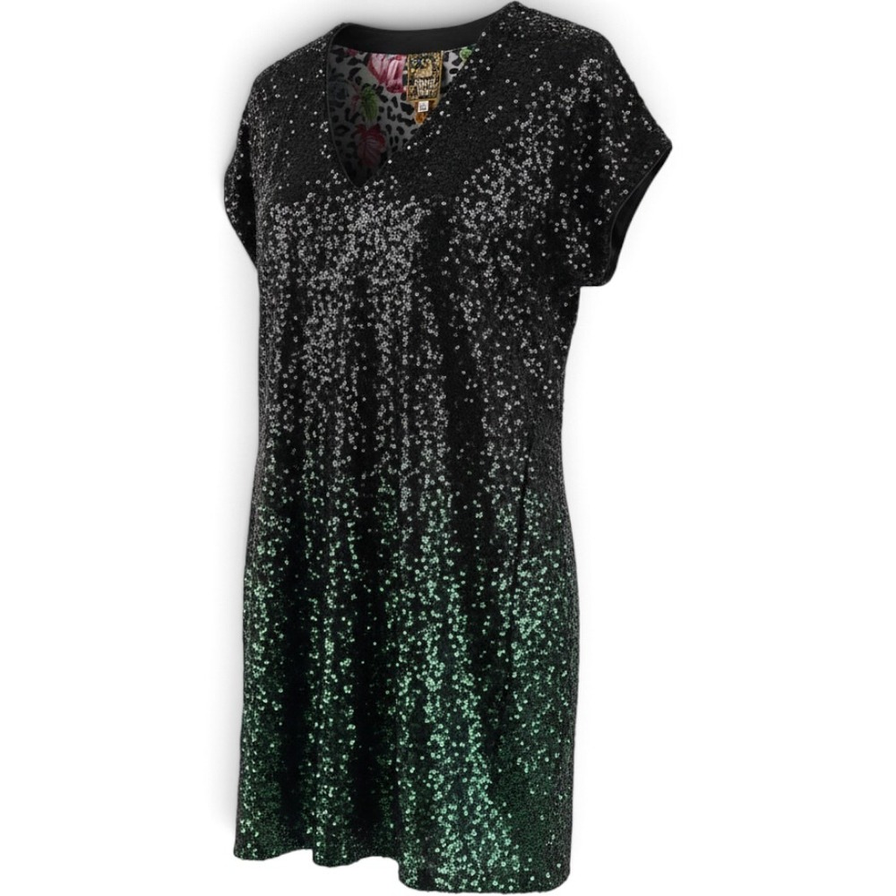 Johnny Was Dress Womens XS Sequin Ombre Black Green V-Neck Pockets EUC